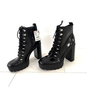 ZARA Black Ankle High Combat Moto Chunky Block Heel Platform Boots 42 (US 11)